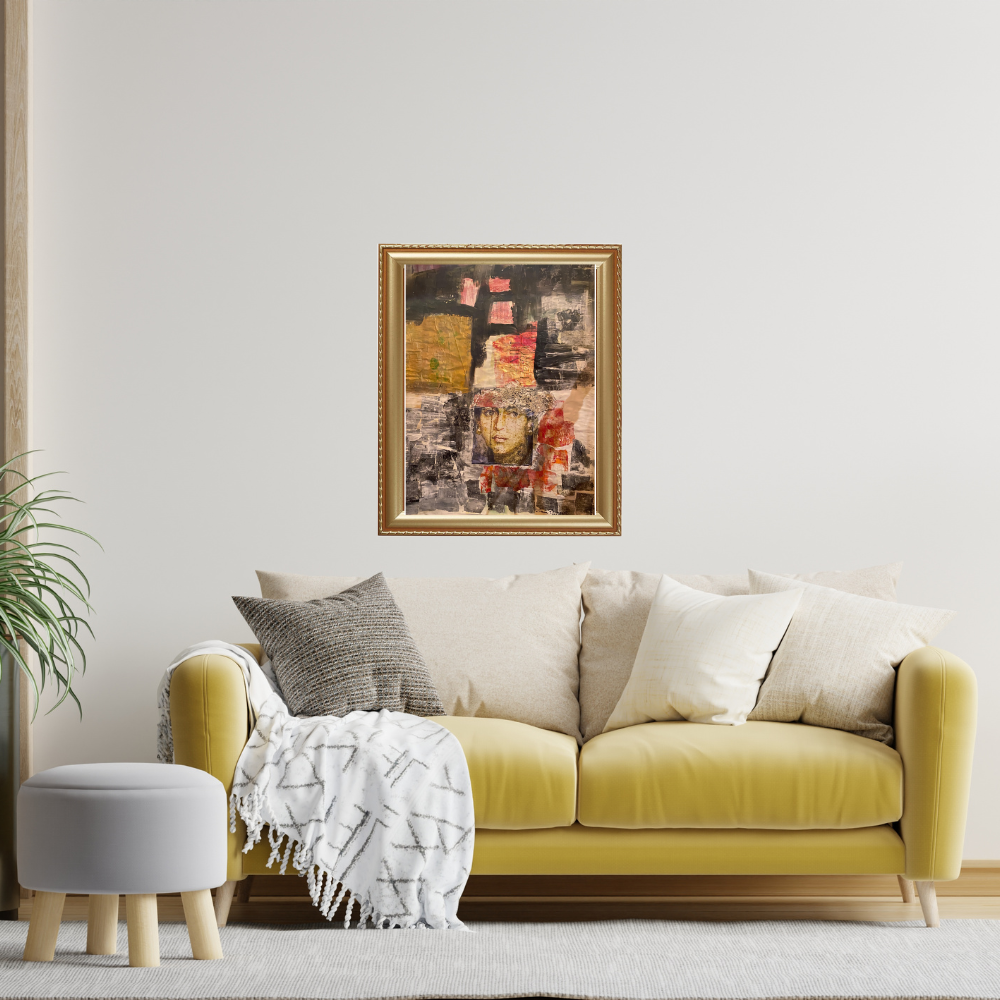 Colorful Portraits Fine Art Prints. Yellow sofa with decorative pillows and a framed collage on a white wall
