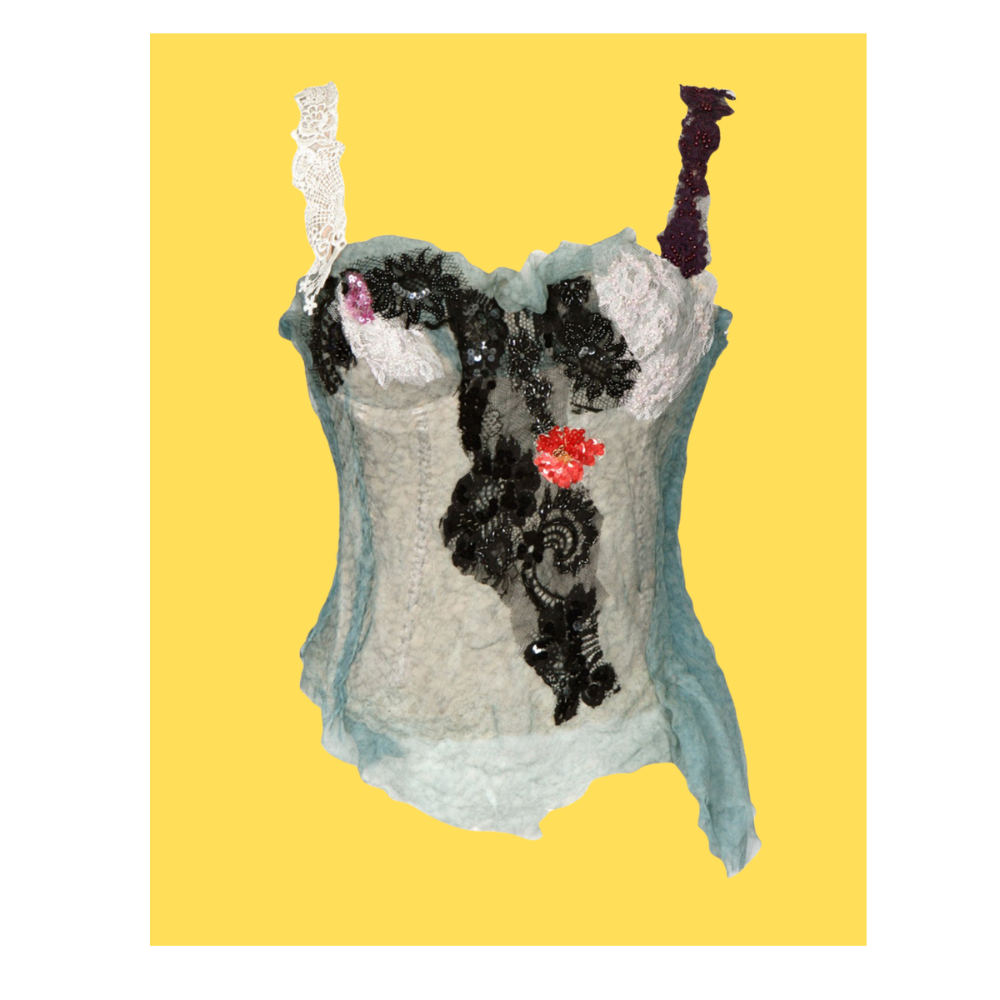 Artistic depiction of a torso with black and red patterns on a yellow background
