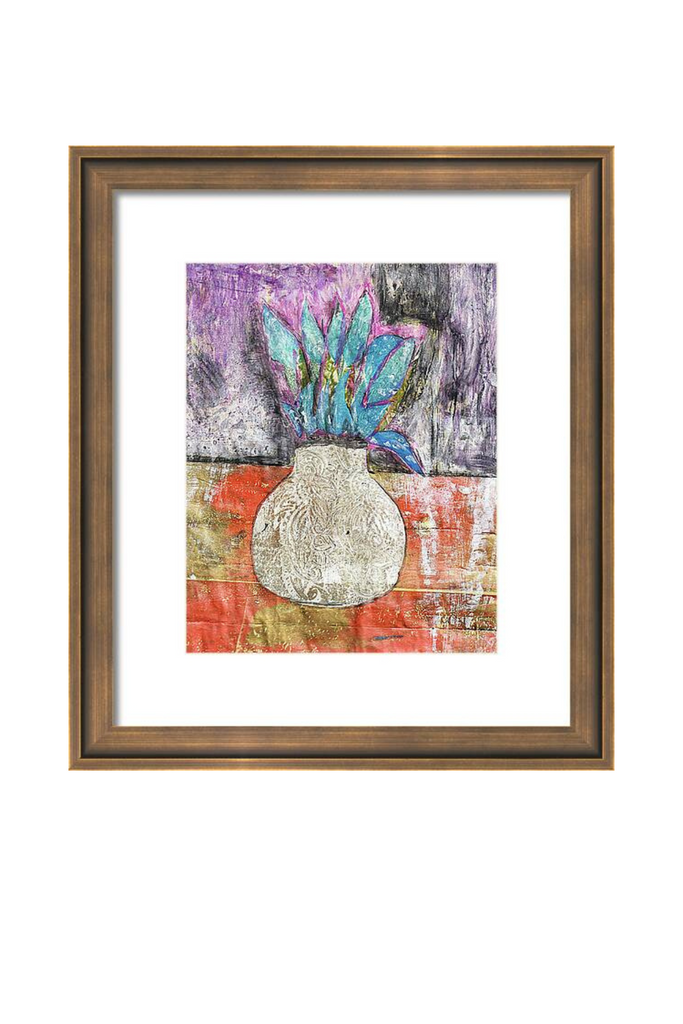 Framed abstract artwork with a vase and floral elements on a white background