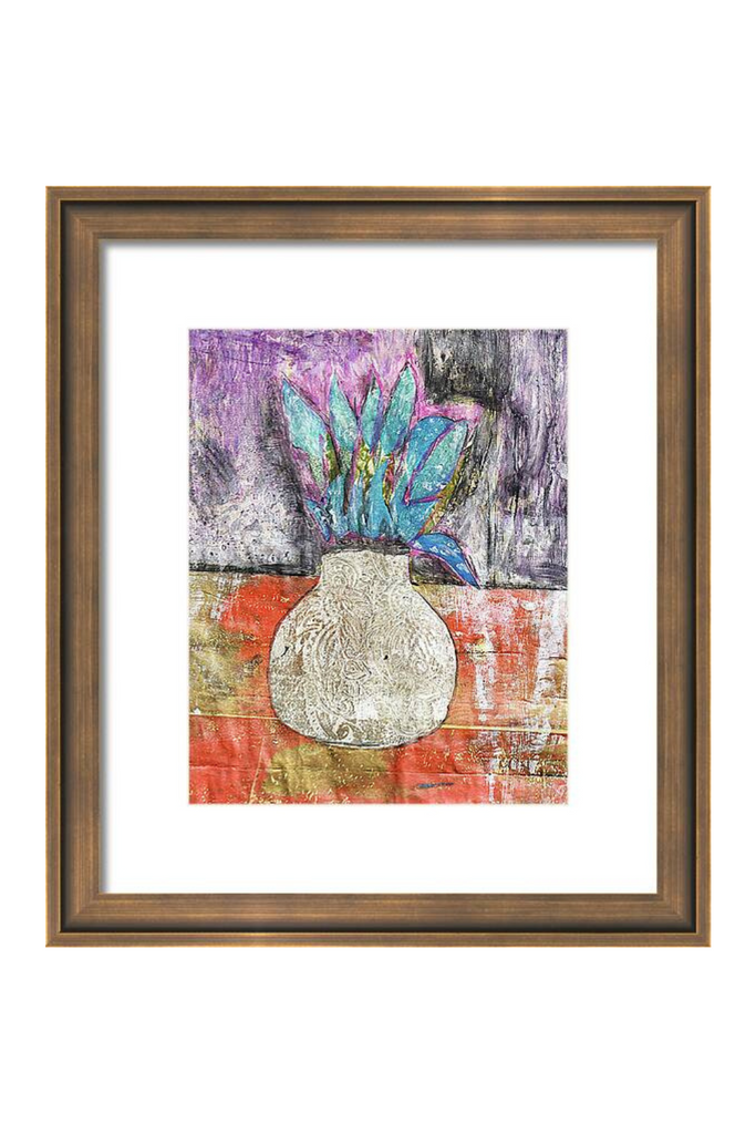 Framed artwork with a vase and abstract design on a white background