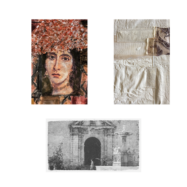 Collage of three artworks: a portrait with floral headpiece, a textured white fabric, and a black and white architectural scene.