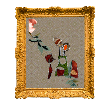 Decorative artwork with abstract floral design in a gold frame on a white background