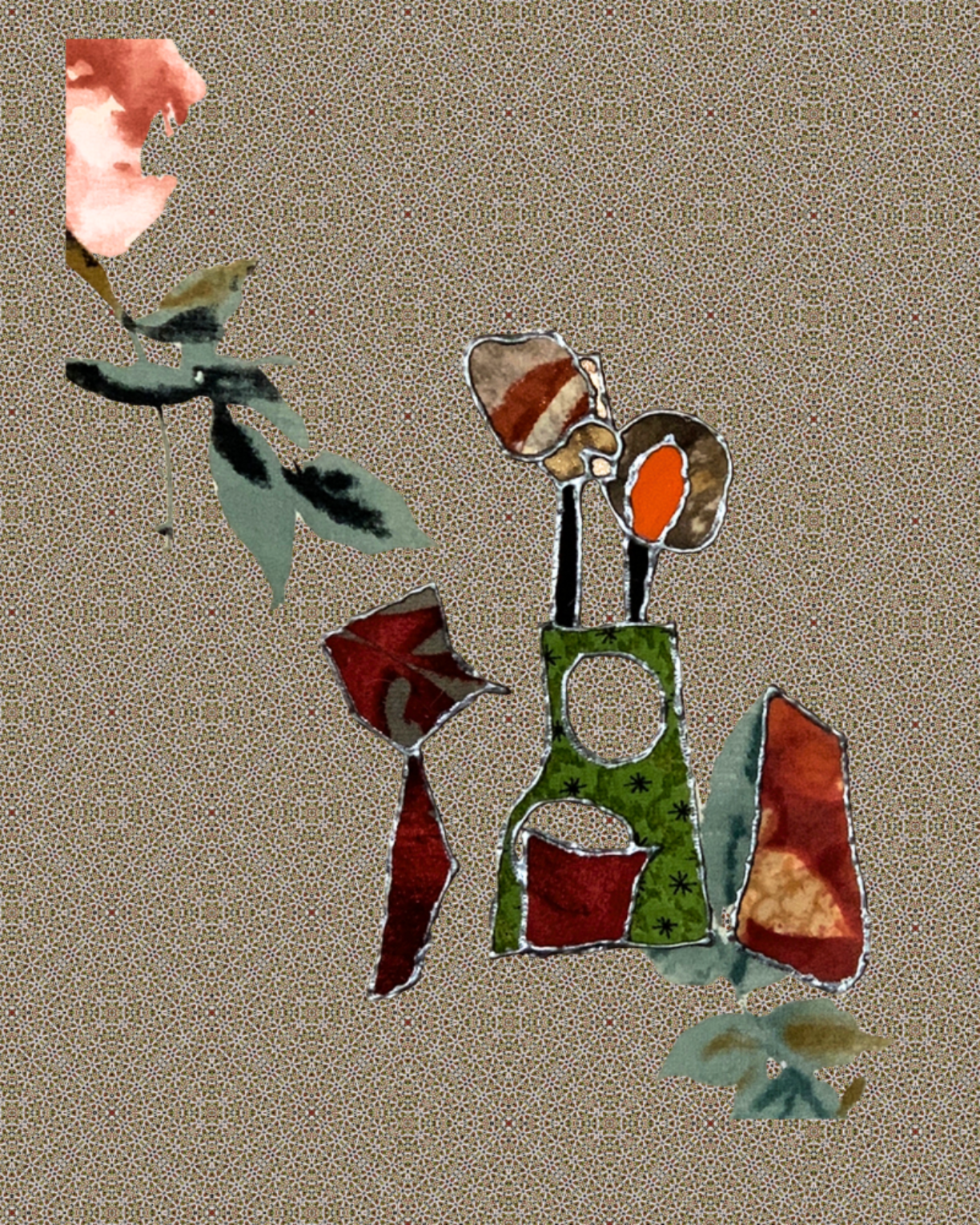 Abstract art piece with geometric shapes and floral elements on a textured beige background