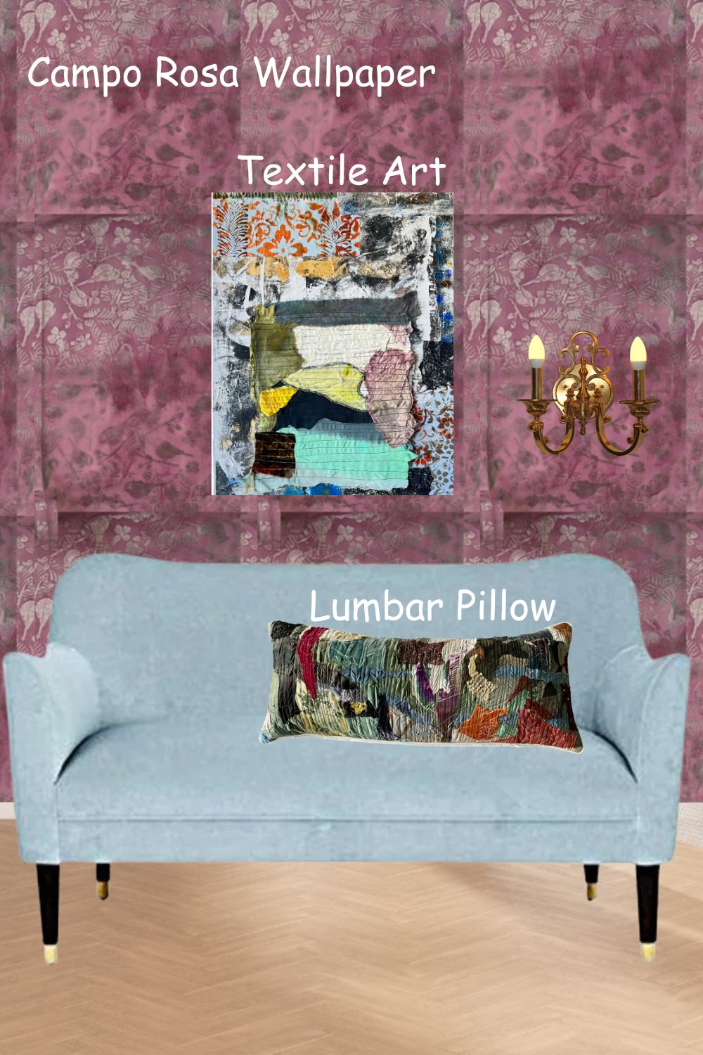A styled interior scene showing a light blue sofa with a multicolored lumbar pillow in front of a pink patterned wall. Text overlays read 'Campo Rosa Wallpaper', 'Textile Art', and 'Lumbar Pillow'.