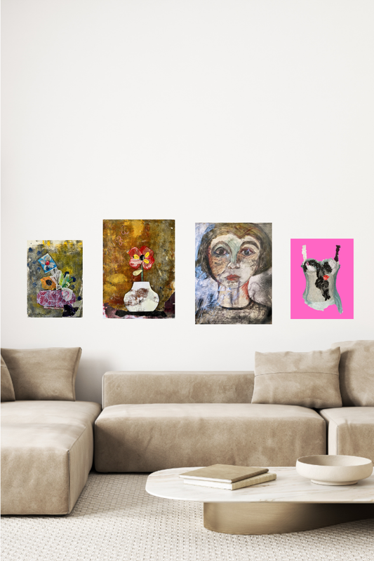 Modern living room with a beige sectional sofa and four colorful paintings on the wall.