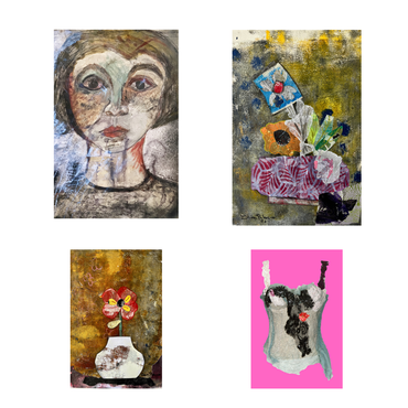 Four abstract artworks with different subjects on a white background