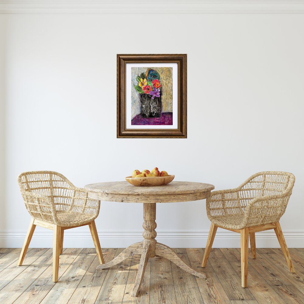 Floral Wall Fine Art Print. Dining room with a wooden table and wicker chairs, framed artwork on the wall.