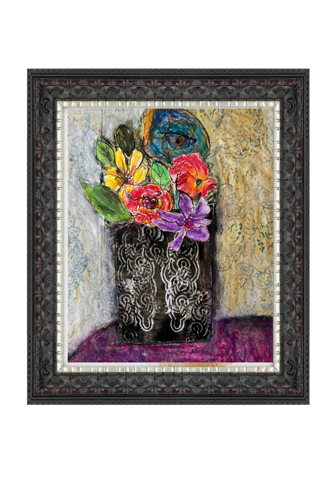 Framed artwork with colorful flowers and a decorative vase on a textured background
