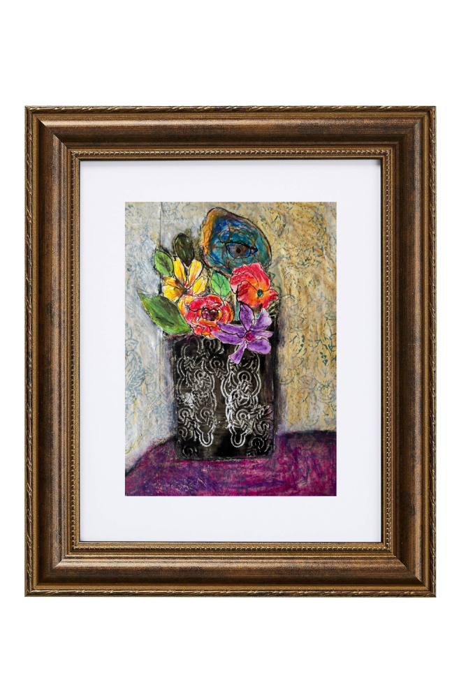 Framed artwork of a vase with colorful flowers and a butterfly on a textured background.