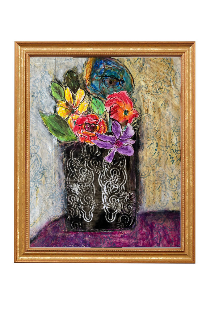 Framed artwork of a vase with colorful flowers against a textured background