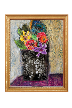 Framed artwork of a vase with colorful flowers against a textured background