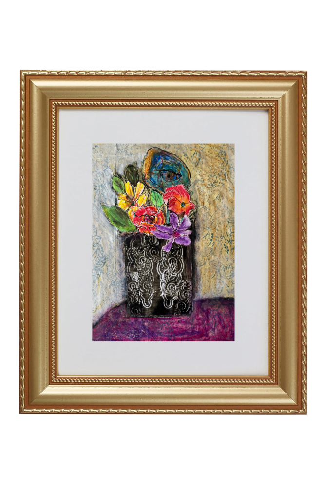 Framed artwork of a vase with colorful flowers on a textured background