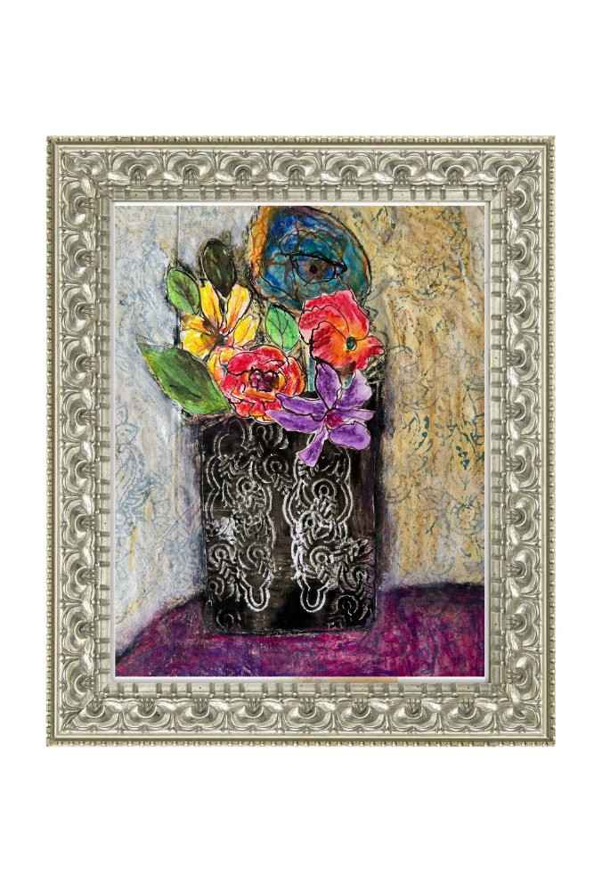Framed artwork with a decorative border featuring a vase of flowers and abstract elements.