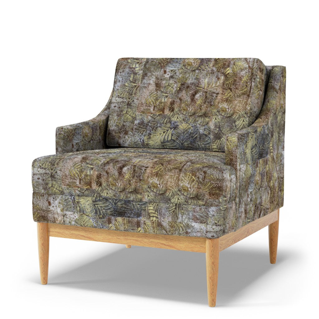 brown gray gold accent chair in a white brackground