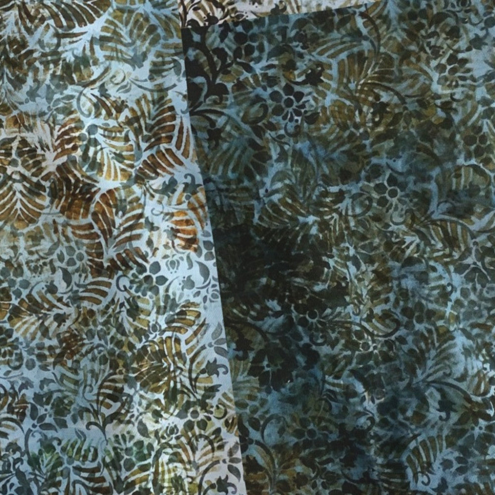 Two pieces of patterned fabric side by side with a floral design.