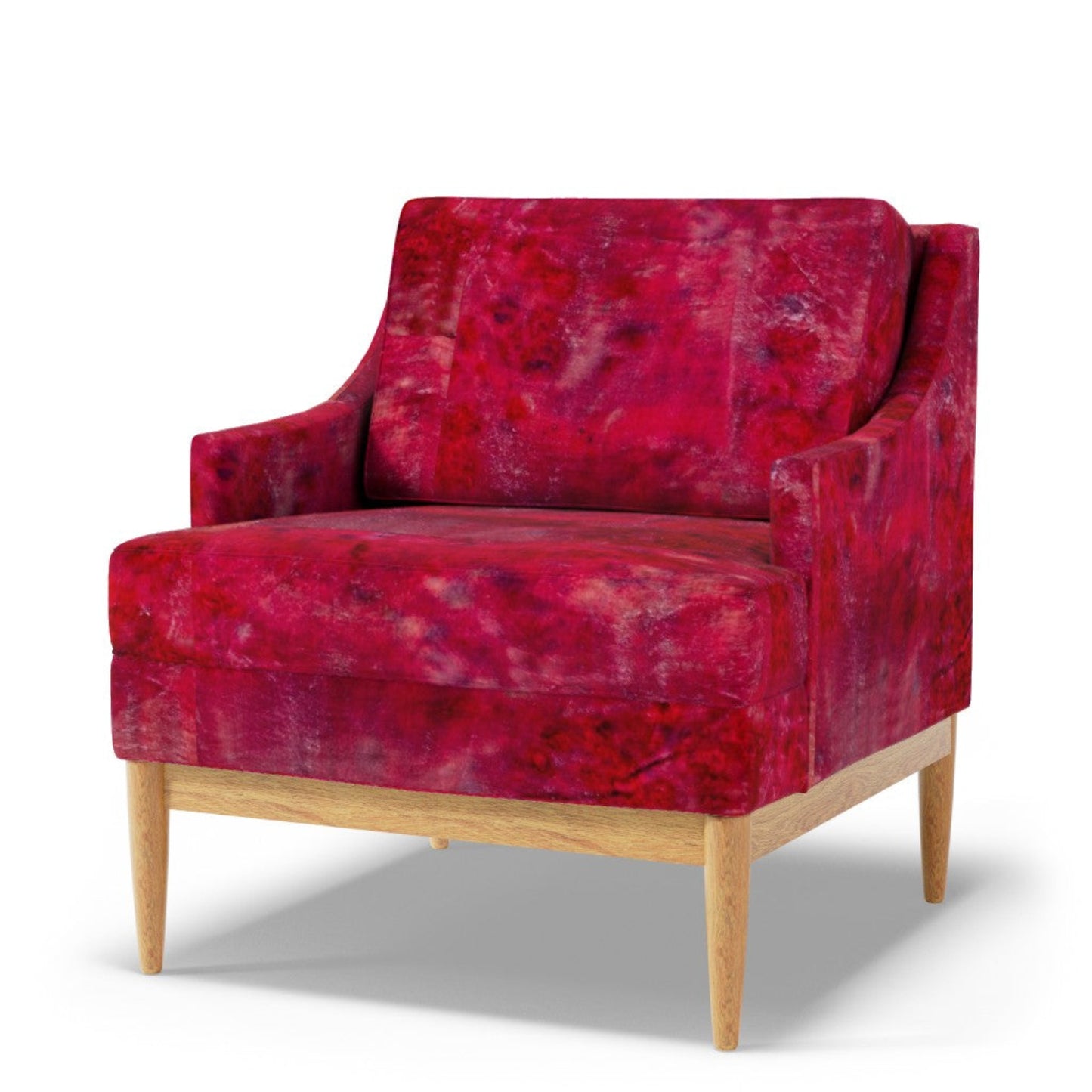 Red-patterned armchair with wooden legs on a white background