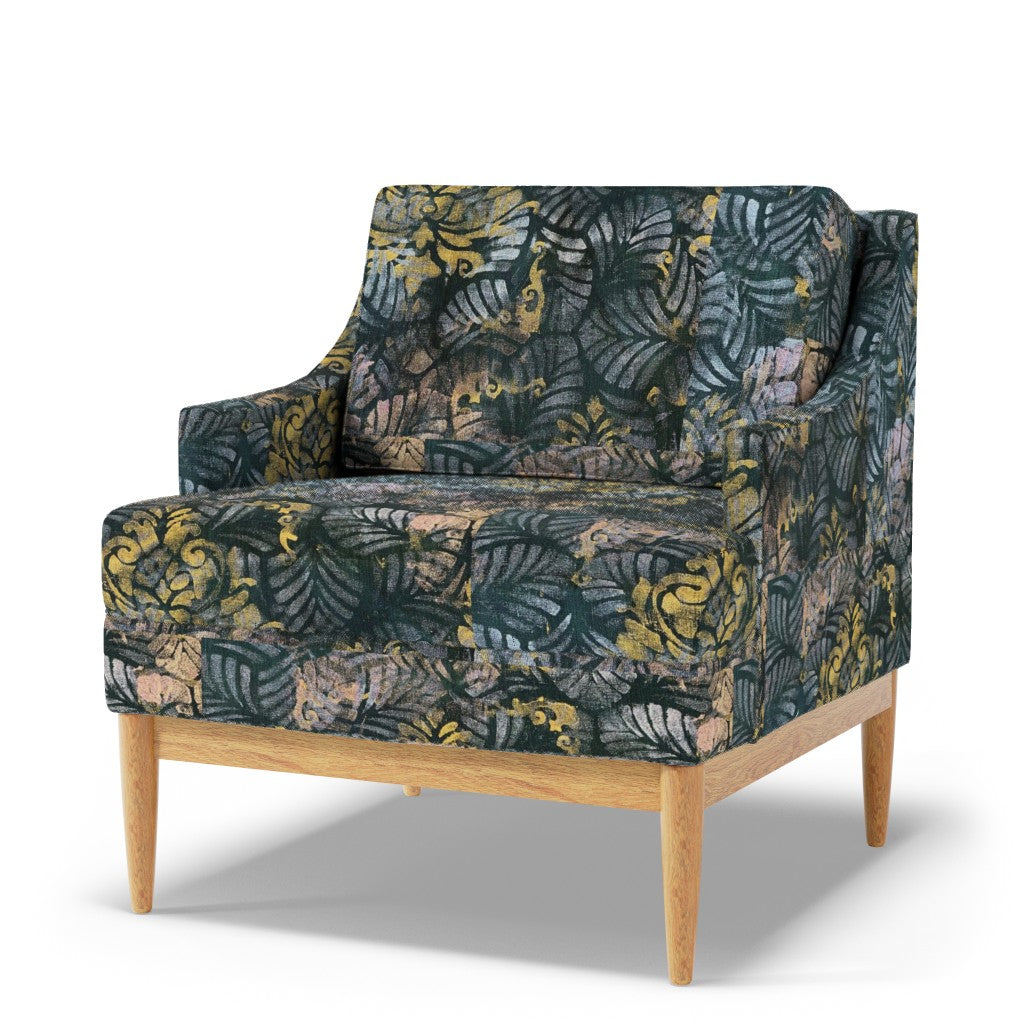 Patterned armchair with wooden legs on a white background
