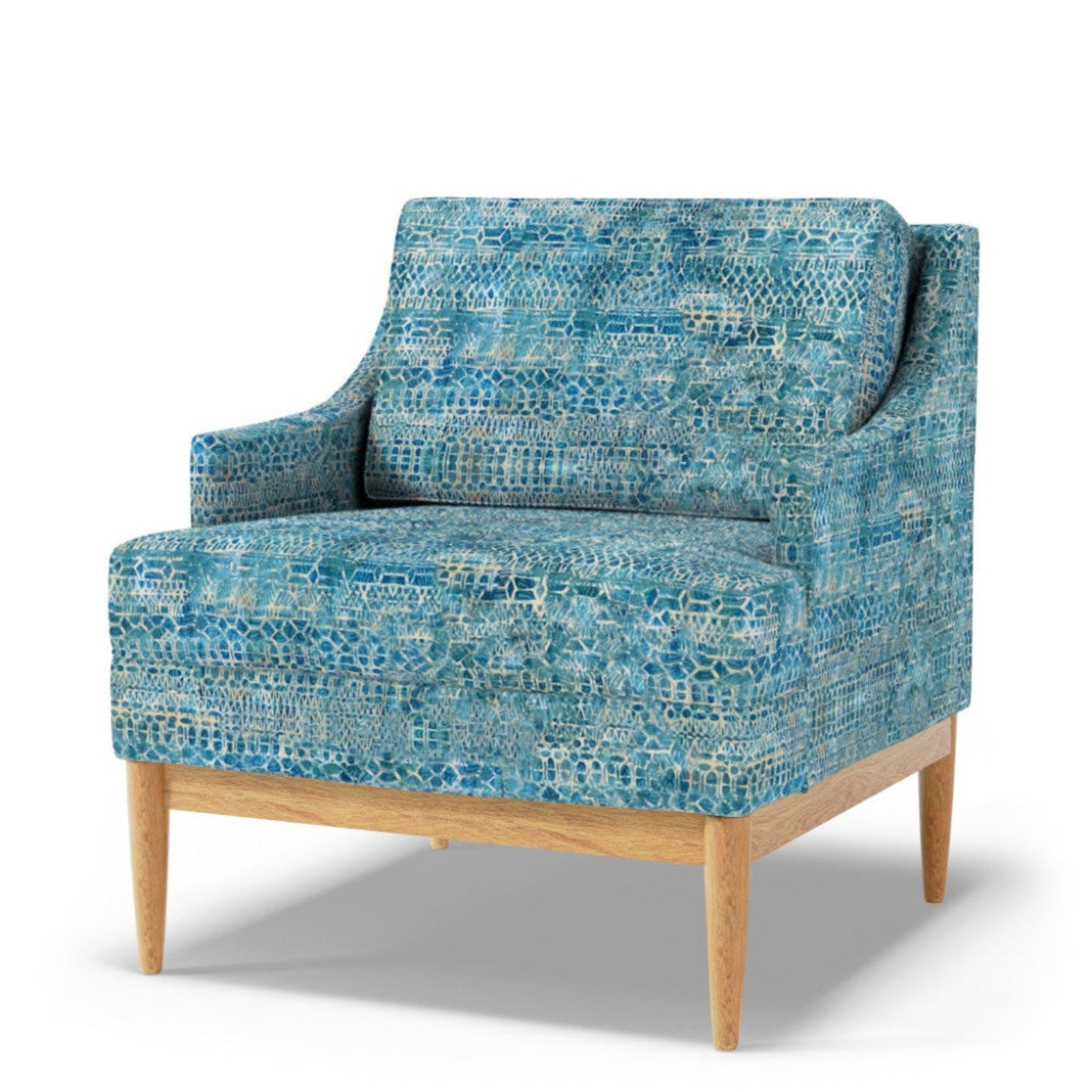 Blue-patterned armchair with wooden legs on a white background