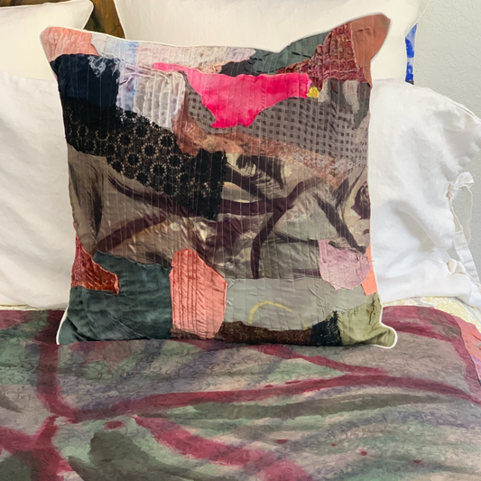 Filbert Decorative Pillow – square throw pillow with patchwork design in earthy greens, plum, blush pink, and black lace textures, styled as a bold accent for modern interiors.