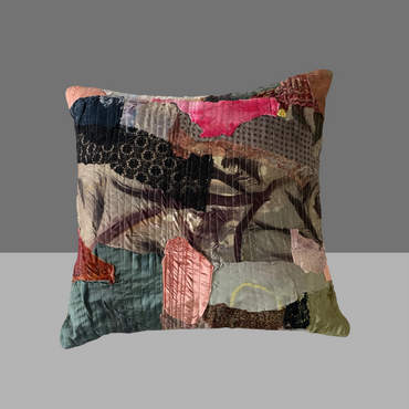 Filbert Decorative Pillow – square throw pillow with patchwork design in earthy greens, plum, blush pink, and black lace textures, styled as a bold accent for modern interiors.