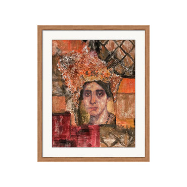 Portrait of a woman named Filippa in a fabric collage, adorned with an ornate floral lace crown and vintage-inspired patterns in rich earthy tones.