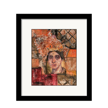 Portrait of a woman named Filippa in a fabric collage, adorned with an ornate floral lace crown and vintage-inspired patterns in rich earthy tones.