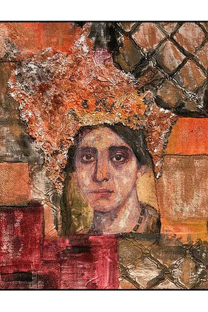 Portrait of a woman named Filippa in a fabric collage, adorned with an ornate floral lace crown and vintage-inspired patterns in rich earthy tones.