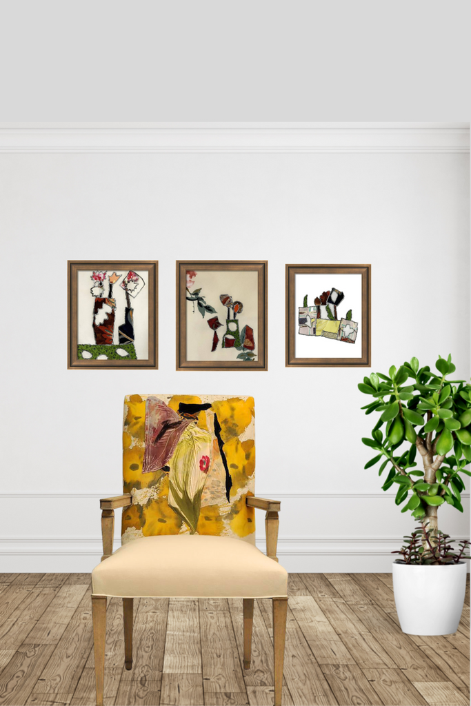Decorative chair with a colorful backrest in a room with framed artwork on the wall.