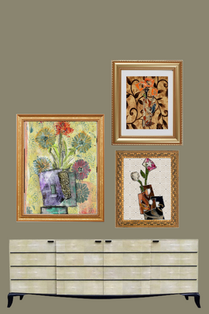 Three framed artworks above a decorative cabinet on a brown wall.