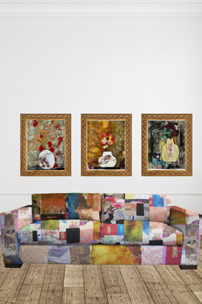 Colorful patchwork sofa with three framed artworks on a white wall.