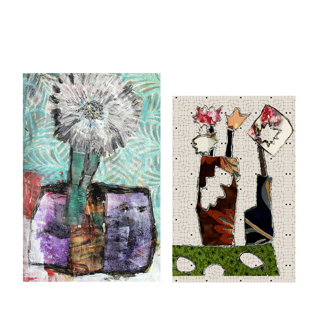 Two abstract art pieces with floral and geometric designs on a white background.