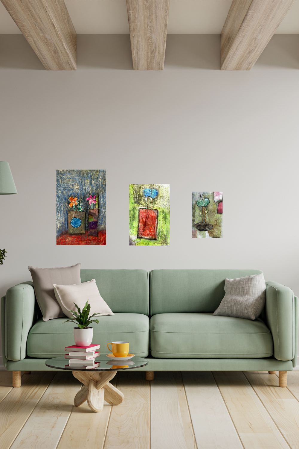 Modern living room with a green sofa, coffee table, and wall art.
