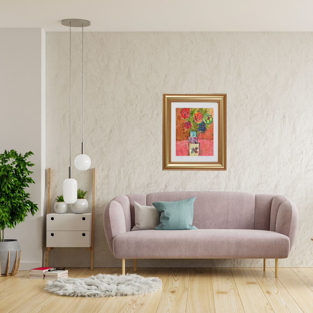 Floral Wall Fine Art Print. Living room with a pink sofa, side table, and wall art.