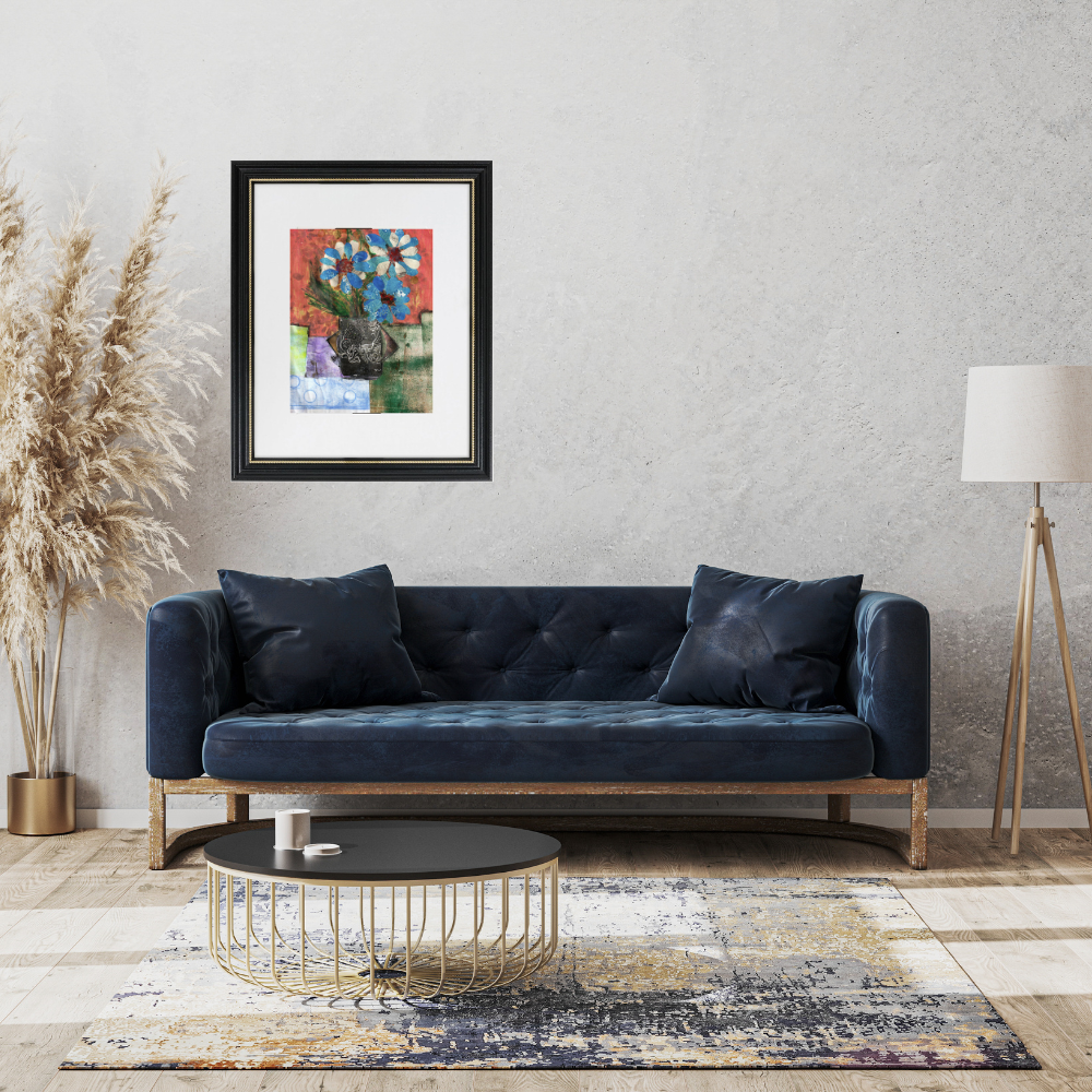 Floral Wall Fine Art Print. Modern living room with a navy blue sofa, round coffee table, and abstract art on the wall.