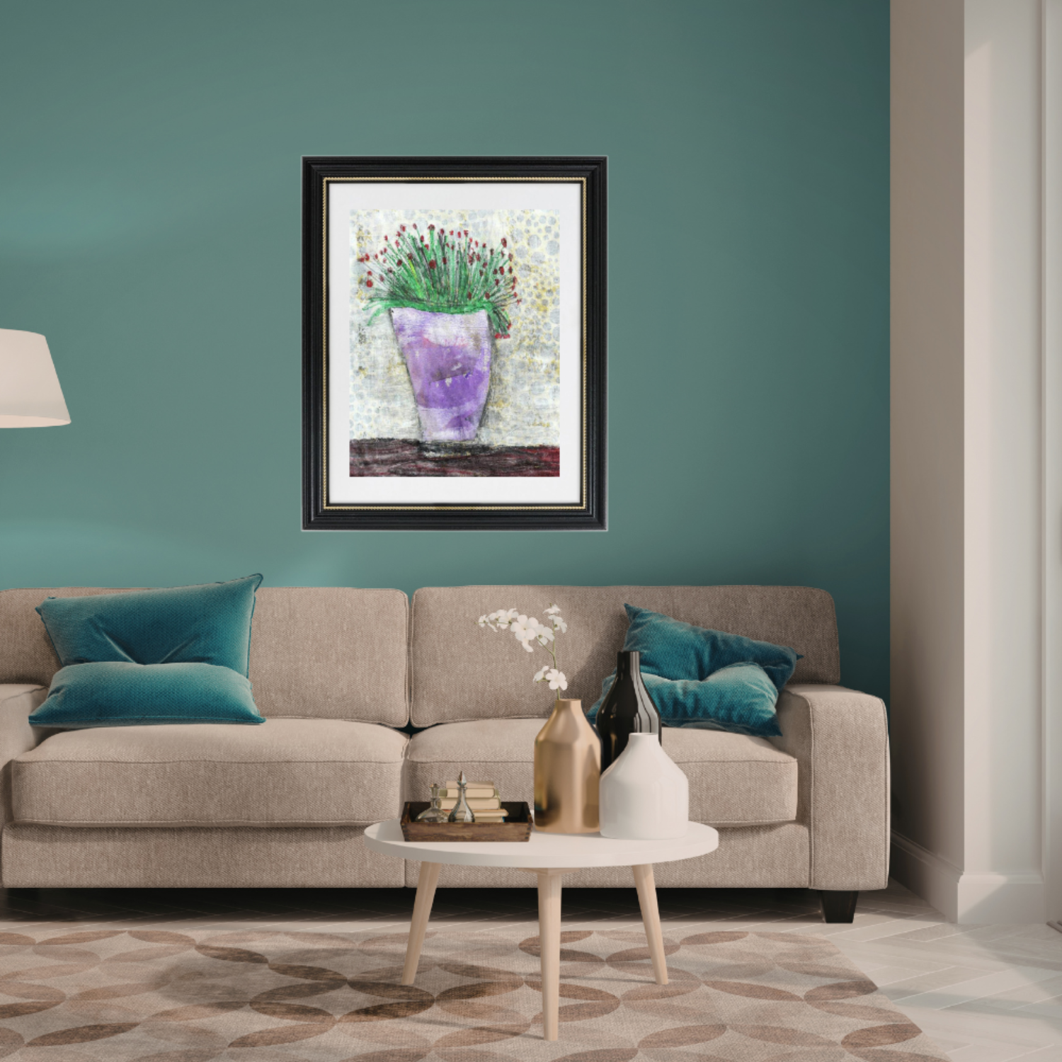 Floral Wall Fine Art Print. Living room with a beige sofa, decorative pillows, a coffee table, and a framed artwork on the wall.