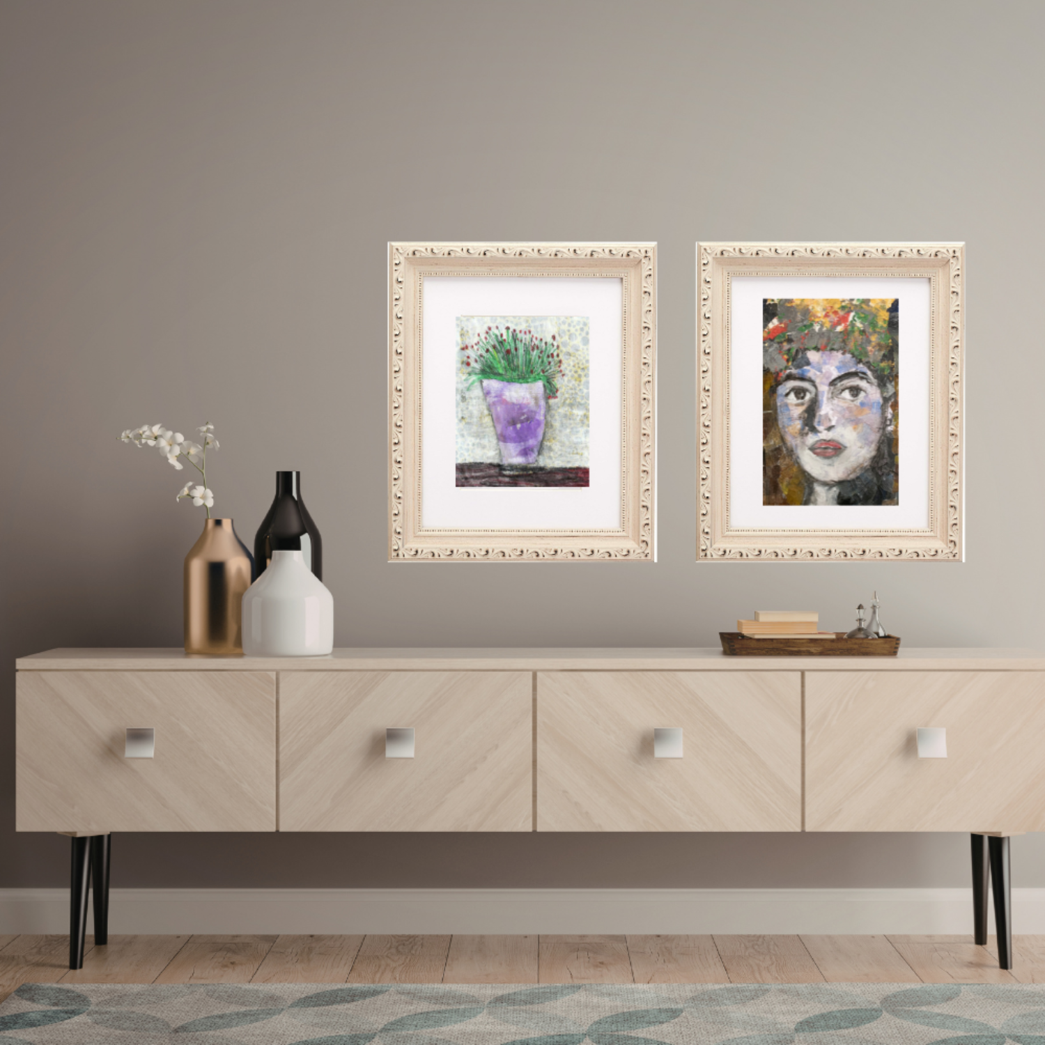  Floral Wall Fine Art Print. Framed artworks on a wall above a wooden cabinet with decorative items.