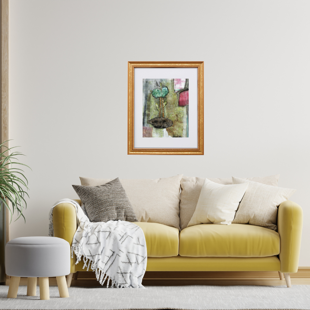  Floral Wall Fine Art Print. Yellow sofa with decorative pillows and a framed picture on the wall in a living room setting.