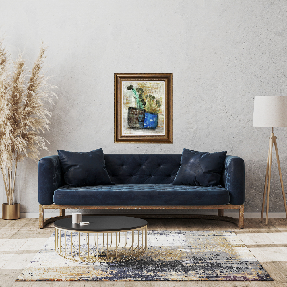  Floral Wall Fine Art Print. Modern living room with a navy blue sofa, round coffee table, and abstract painting on the wall.