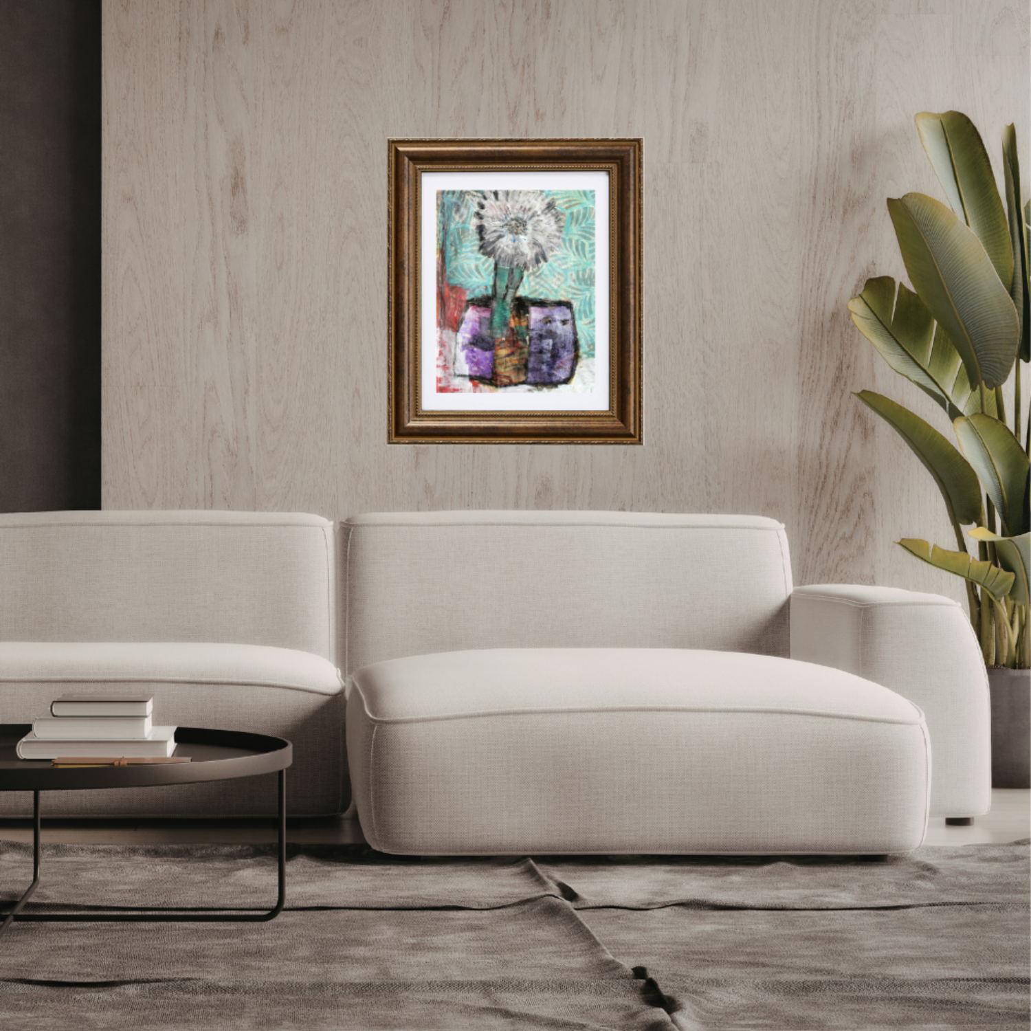 FloralWall  Fine Art Print. Modern living room with a white sofa, framed artwork, and a plant.