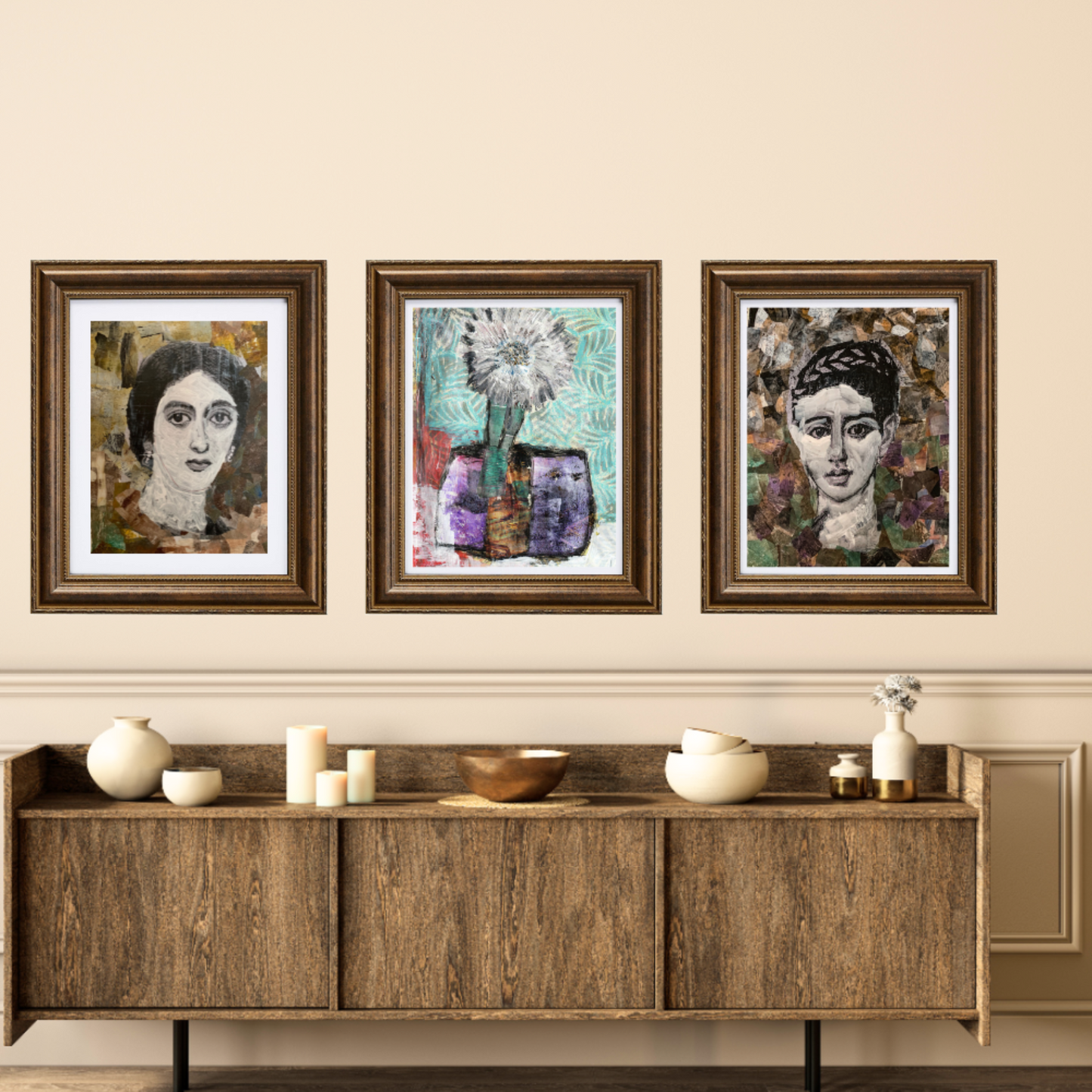 FloralWall  Fine Art Print. Three framed artworks on a wall above a wooden console table.