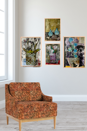 Patterned armchair in a room with abstract paintings on the wall