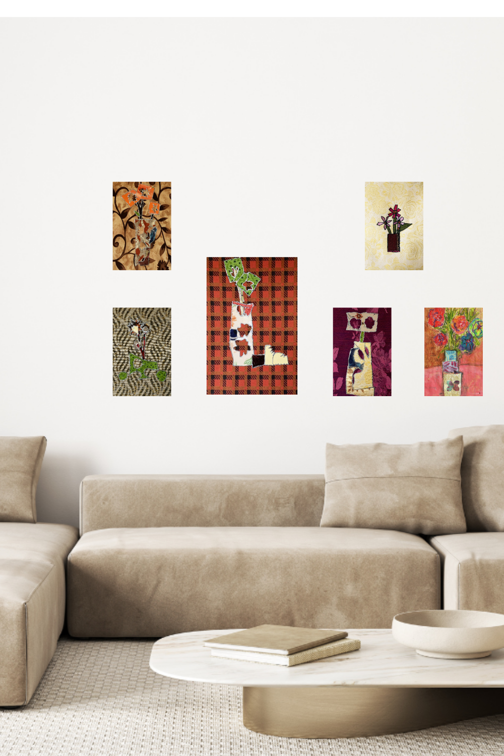 Modern living room with a beige sectional sofa and colorful wall art.