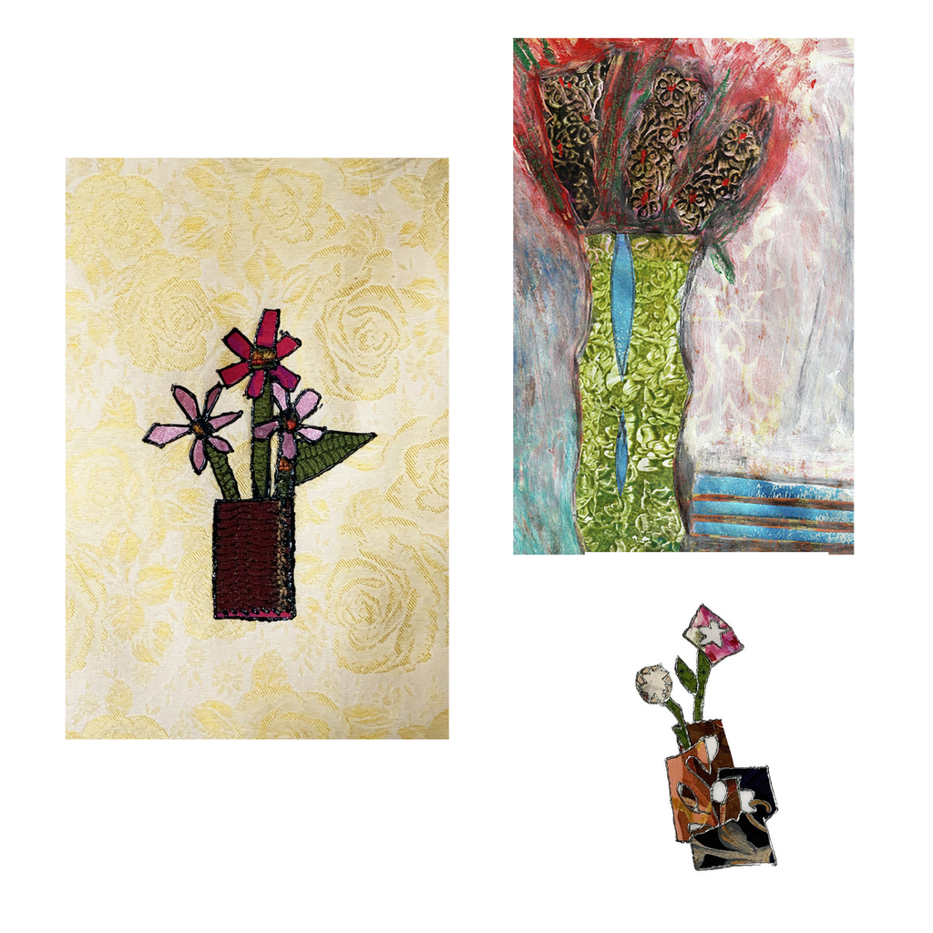 Three artistic representations of flowers in vases on a white background