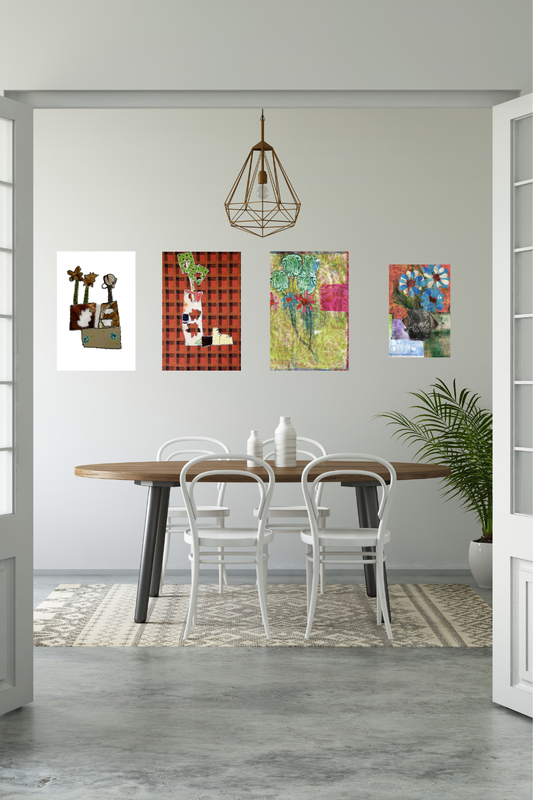 Dining room with a table and chairs, and colorful wall art on a gray wall.