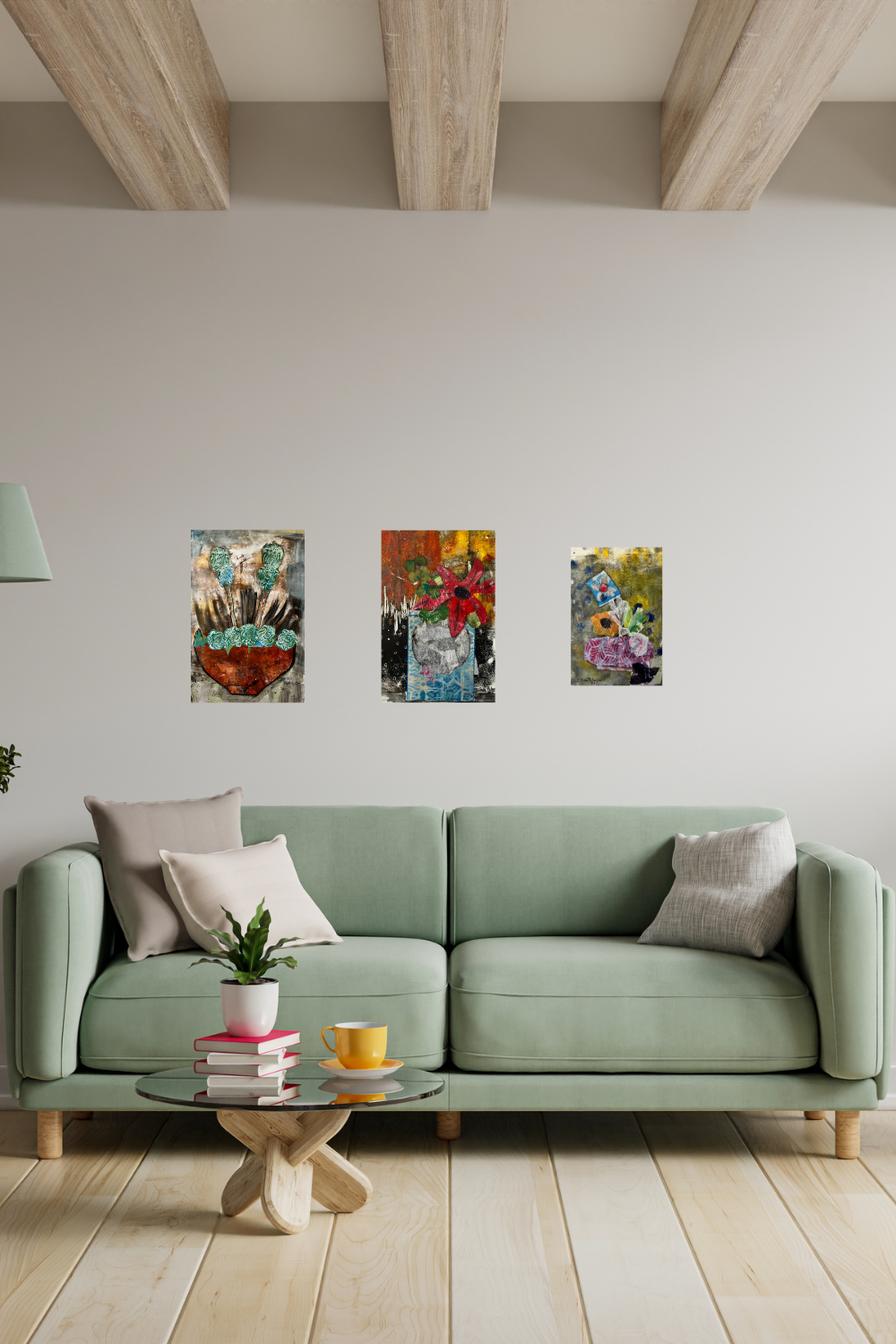 Modern living room with a green sofa, coffee table, and wall art.