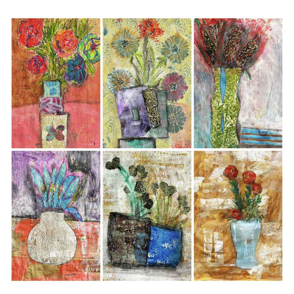 Set of six artistic paintings of vases with flowers on a textured background