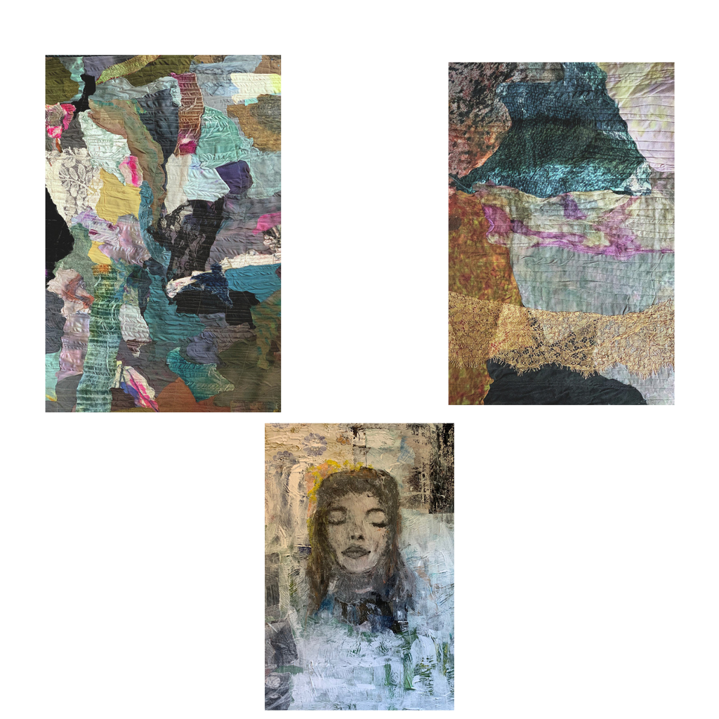 Three abstract art pieces with textured surfaces and multicolors.