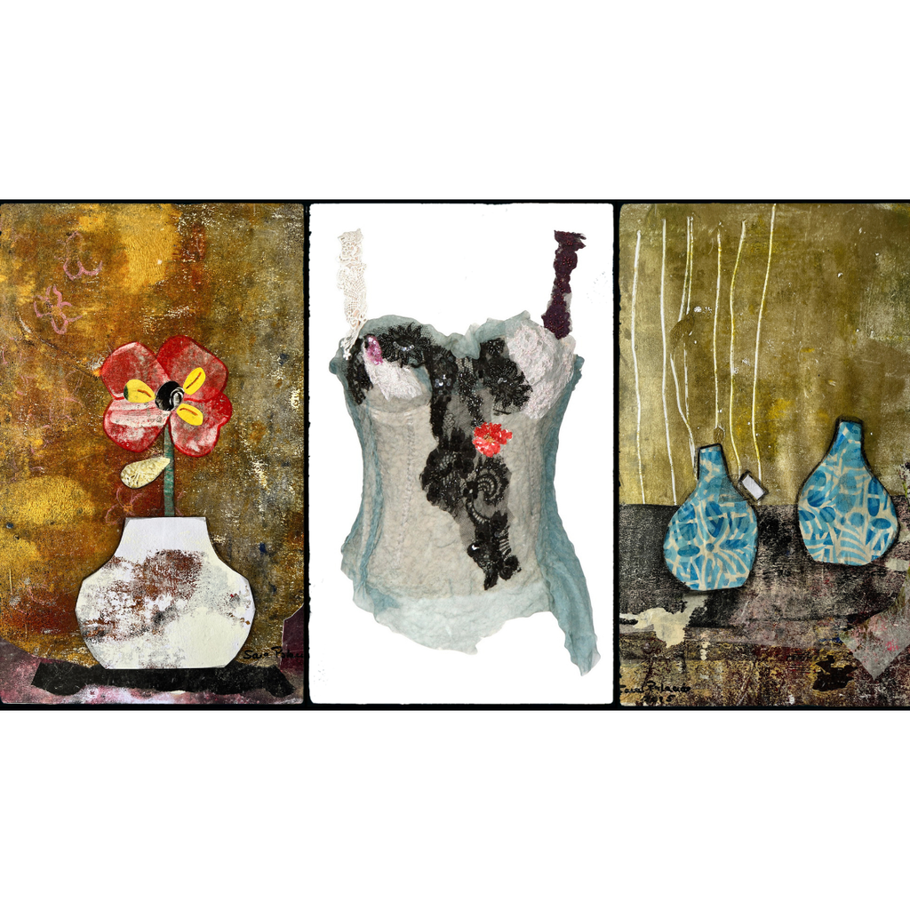 Triptych artwork with floral vase, abstract figure, and textured panels.