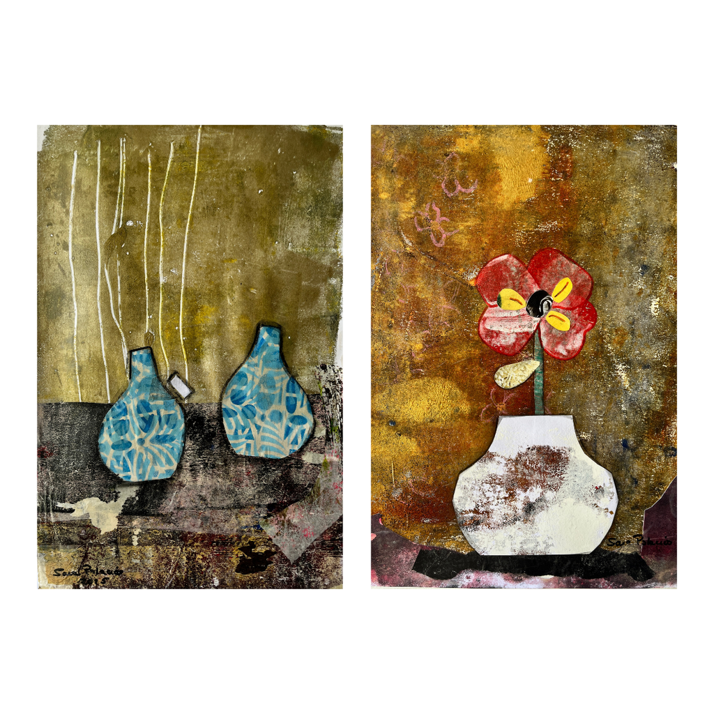 Two abstract artworks featuring vases and flowers on textured backgrounds.
