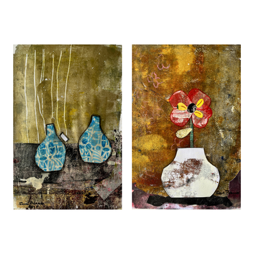 Two abstract artworks featuring vases and flowers on textured backgrounds.